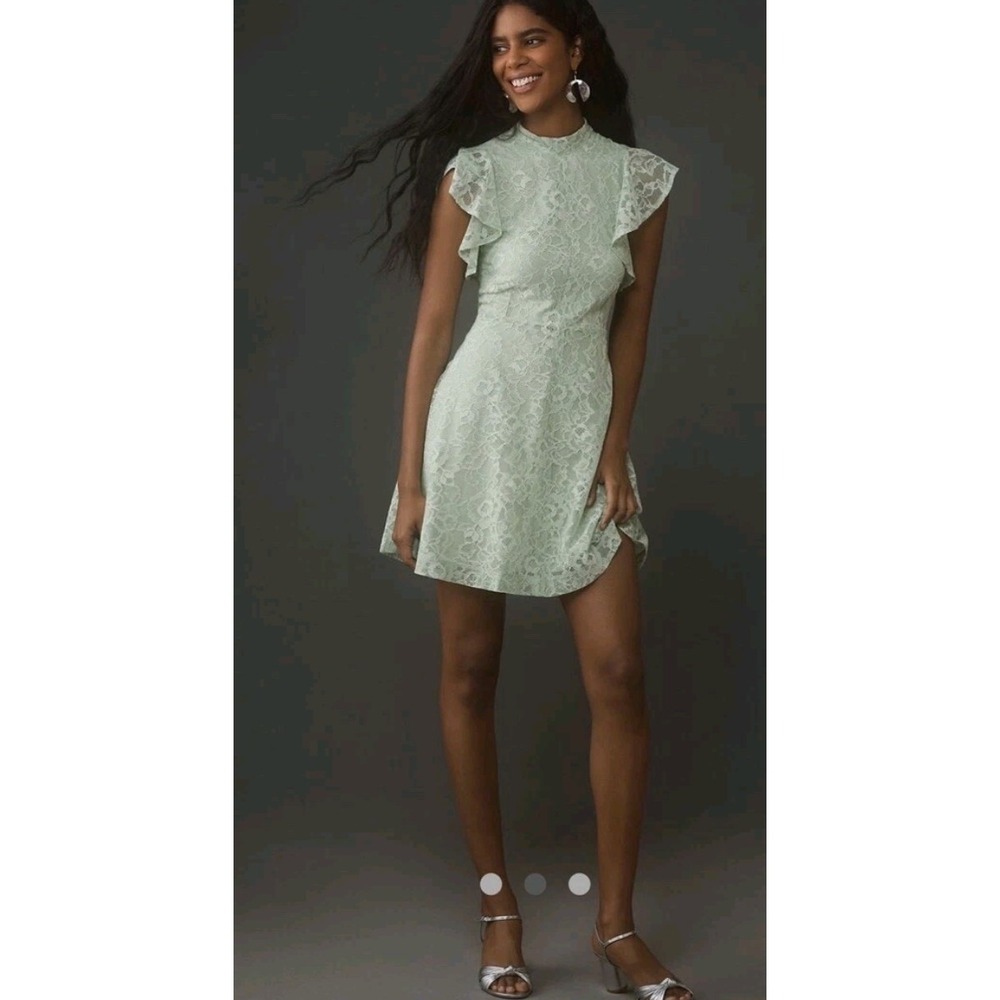 Anthropologie Mint Lace Ruffle Mini Dress